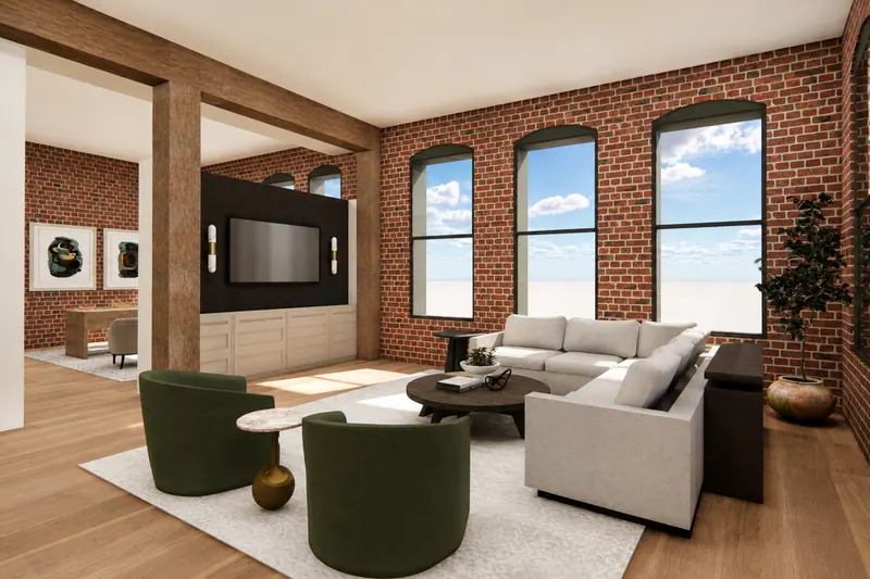 Rendering of Unit 203 great room, Traditional Classic finish