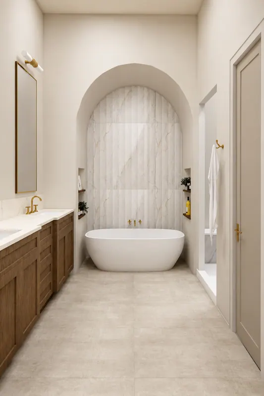 Rendering of Unit 203 primary bath, Traditional Classic finish