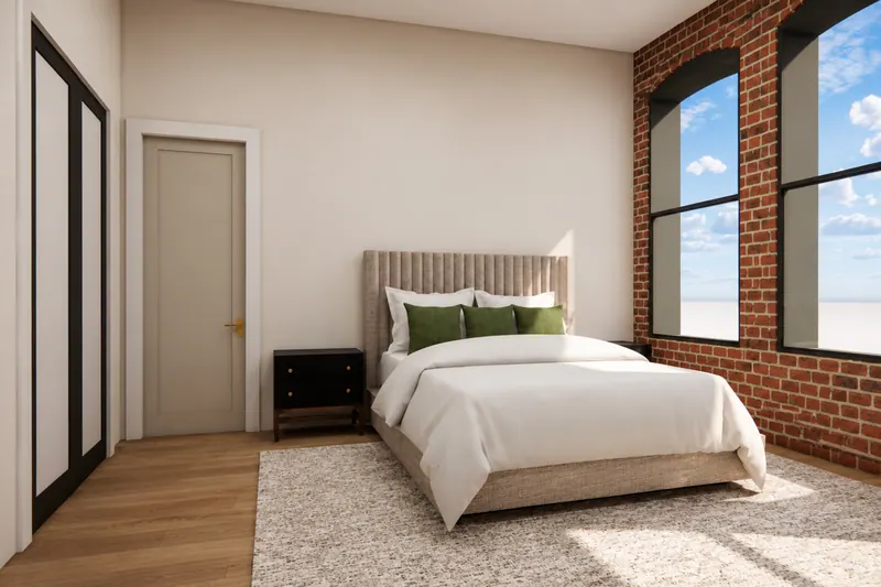 Rendering of Unit 203 primary bedroom, Traditional Classic finish