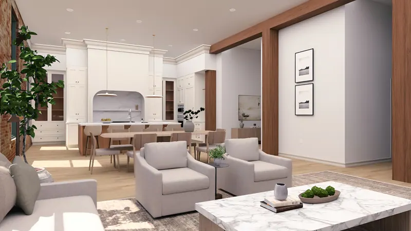 Rendering of Unit 203 living room, Traditional Signature finish
