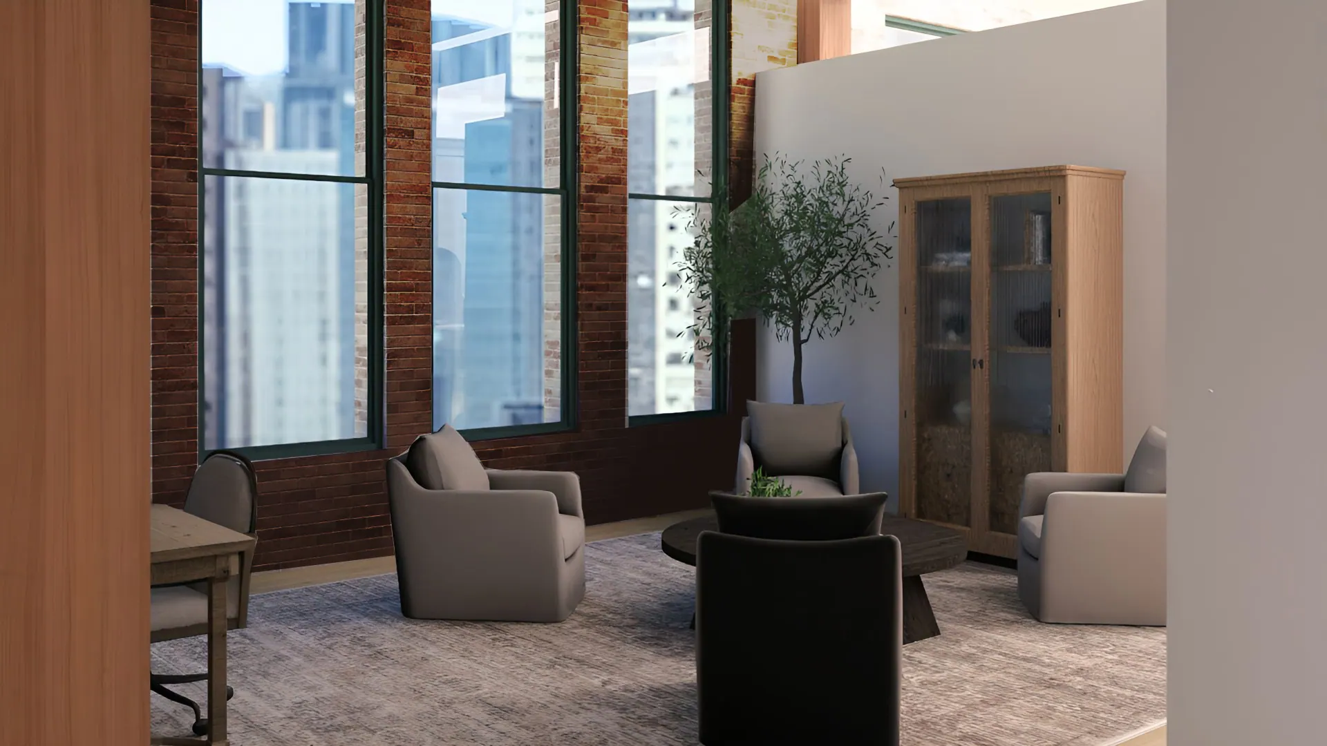 Rendering of a Unit 203 living area with exposed brick and tall windows